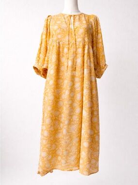 Cottagecore Boho Maxi Dress Yellow Paisley Balloon Puff Sleeve Garden Party L
